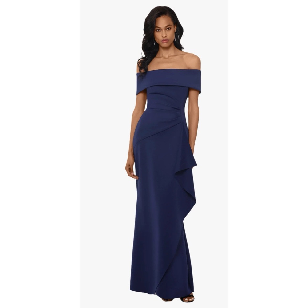 NEW XSCAPE "Adriana" Long Scuba Crepe Off the Shoulder Dress Size 6